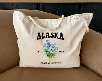 Custom Alaska Est Tote Bag, Forget Me Not State Flower Graphic, Eco Friendly  Gift