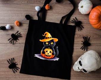 Black Cat Halloween Tote Bag, Pumpkin Trick or Treat Bag, Halloween Gift Bag, Black Cat Halloween Tote, Retro Halloween Bag