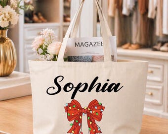Custom Name Christmas Bag, Coquette Light Bow Design, Personalized Christmas Tote