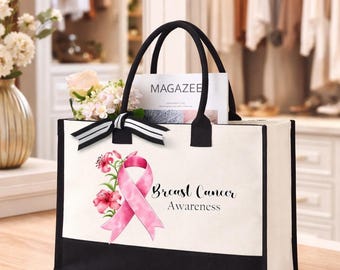 Breast Cancer Awareness Tote, Support Team Bags, Pink Flower Ribbon Support Canvas Bag