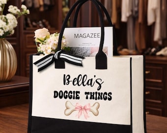 Personalized Doggie Things Tote Bag, Custom Pet Name Canvas Bag