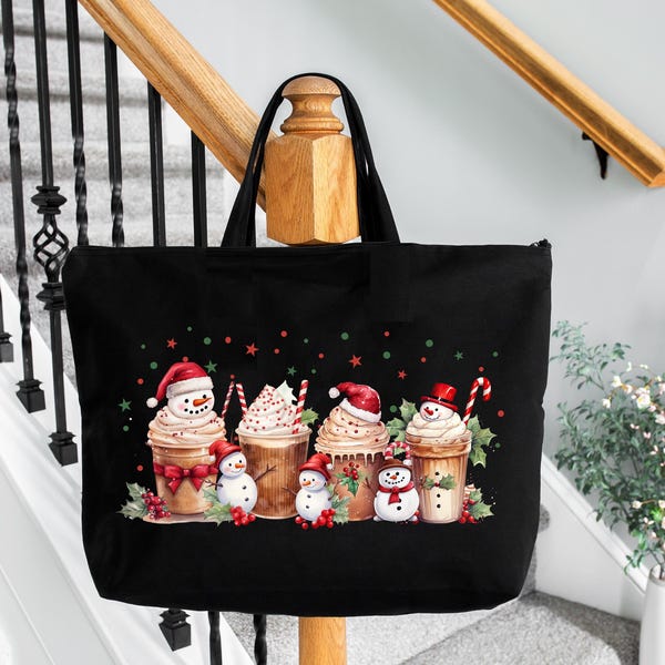 Cozy Coffee Cups Tote Bag, Christmas Tote Bag, Cute Christmas Tote Bag, Winter Wonderland Bag, Iced Coffee Lover Gift, Coffee Christmas Bags
