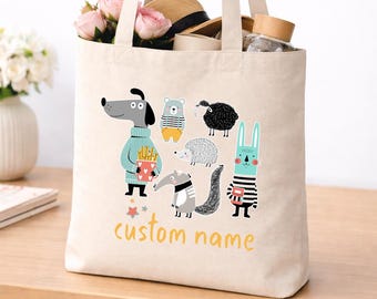 Personalized Animal Kids Tote Bag, Name School Daycare Toy Bag, Custom Kids Shopper with Animals