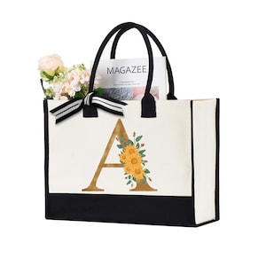 Custom Alphabet Tote Bag, Personalized  Floral Tote Bag, Initial Tote Bag,  Bridal Party Gifts, Wedding Initial with Flowers Bridesmaid