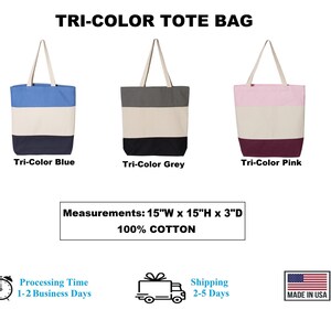 three different color tote bags with measurements