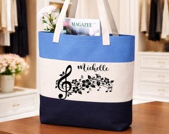 Personalized Music Notes Tote Bag, Custom Name Floral Treble Clef Design, Music Teacher Thank You Gift