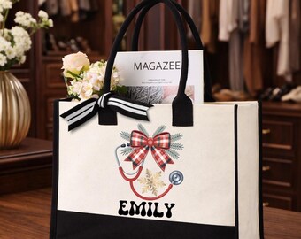 Personalized Nurse Christmas Bag, Custom Name Christmas Medical Tote, Stethoscope Plaid Bow Design
