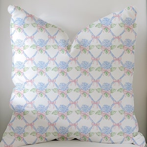 Soft Pink and Blue Hydrangea Bow Pillow Preppy Watercolor Pillow Dorm Pillow Decorative Throw Pillows Cute Lumbar Grandmillenial Style