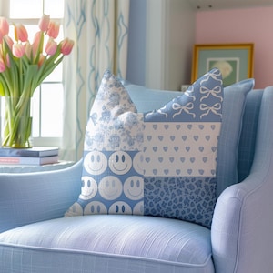 Blue Preppy Throw Pillow Dorm Pillow Coquette Bedding Preppy Throw Pillows Bow Pillow Decorative Pillows Coquette Pillow Toile Pillow