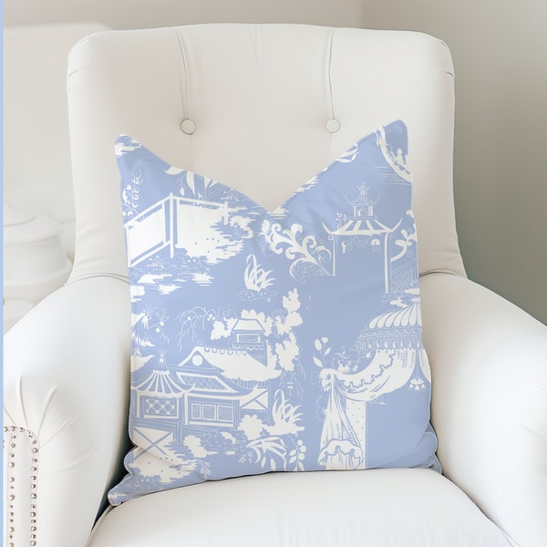 Chinoiserie Pagoda Throw Pillow in Soft Blue | Grandmillenial Style Custom Decorative Accent Cushion | Global Eclectic Home Decor