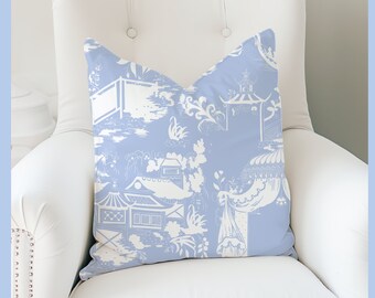 Chinoiserie Pagoda Throw Pillow in Soft Blue | Grandmillenial Style Custom Decorative Accent Cushion | Global Eclectic Home Decor