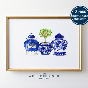 Grandmillenial Wandkunst, Blaues Ingwerglas Kunstdruck, herunterladbare Kunst, Aquarellmalerei