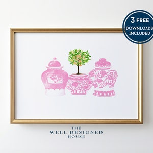 Grandmillenial Wall Art, Pink Ginger Jar Art Print, Downloadable Art, Watercolor Painting