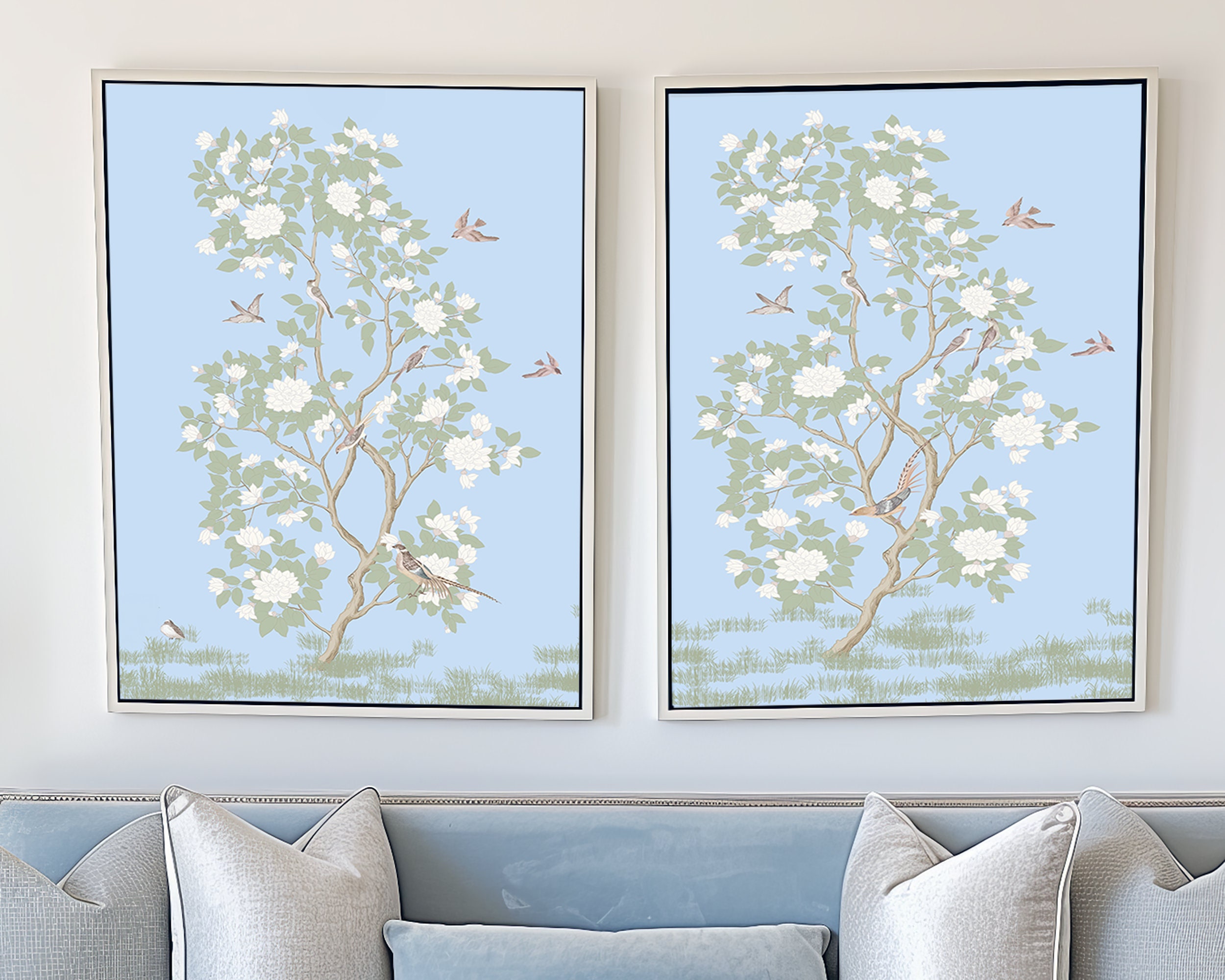 Chinoiserie Wall Art in Soft Blue Set of 2 Grandmillenial Prints ...