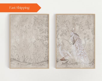 Neutral Chinoiserie Wall Art, Set of 2 Prints, Peacock Painting, Oriental Decor, Asian Art Print, Chinoiserie Panels, Botanical Print,