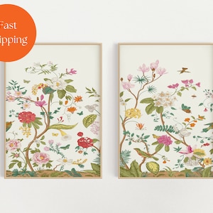French Chinoiserie Print Set, Bird and Botanical Print Set, Botanical Prints, Bird Prints, Chinoiserie Wall Art, Set of 2 Prints,