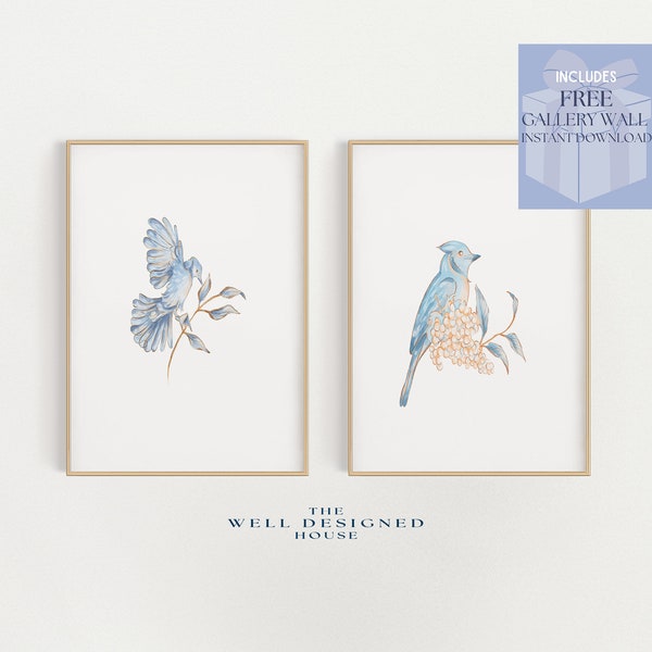 Grandmillenial Bird and Botanical Prints, Set of 2 Watercolor Paintings, DOWNLOADABLE Art