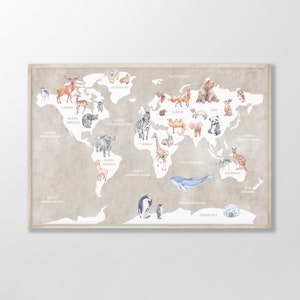 Animal World Map for Kids Room in Earth Tones, Large Educational World ...