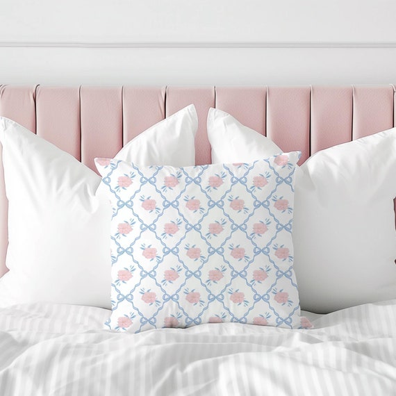 Pink and Blue Preppy Pillow Coquette Bow Throw Pillow Cute Throw Pillows Grand Millenial Decor Grandmillenial Dorm Pillow College Room Decor Etsy