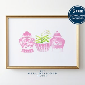 Grandmillenial Wall Art, Pink Ginger Jar Art Print, Downloadable Art, Watercolor Painting
