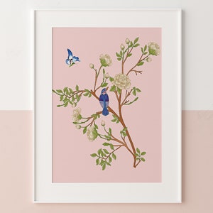 Grandmillenial Art for Baby girls Nursery, Pink Chinoiserie print, Pink floral print with bird and butterfly, Classic nursery wall decor