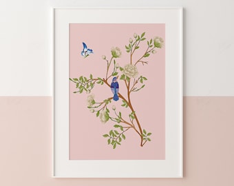 Grandmillenial Art for Baby girls Nursery, Pink Chinoiserie print, Pink floral print with bird and butterfly, Classic nursery wall decor