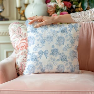 Blue Preppy Throw Pillow Dorm Pillow Love Shack Balletcore Toile De Jouy Coquette Bedding French Provincial Coquette Pillow