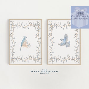Grandmillenial Bird and Botanical Prints, Set of 2 Watercolor Paintings, DOWNLOADABLE Art