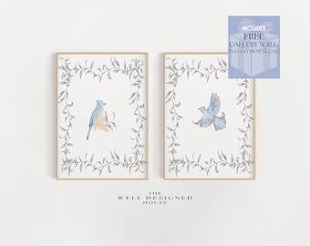 Grandmillenial Bird and Botanical Prints, Set of 2 Watercolor Paintings, DOWNLOADABLE Art