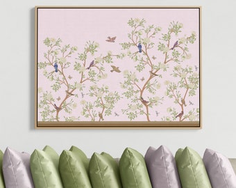 Nursery art print for baby girls room,  Chinoiserie wall art, Blush pink wall art,  Grandmillenial kids room decor, Bird artwork prints