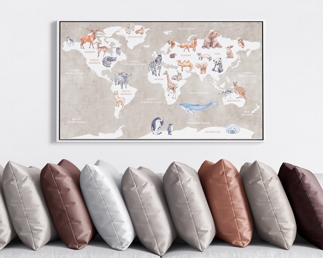 Animal World Map for Kids Room in Earth Tones, Large Educational World ...