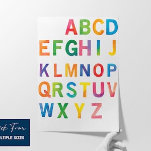 Póster del alfabeto, letrero de arte para guardería con el abecedario, carteles educativos, póster Montessori, letras del alfabeto, decoración de aula con arcoíris, arte de pared para guardería