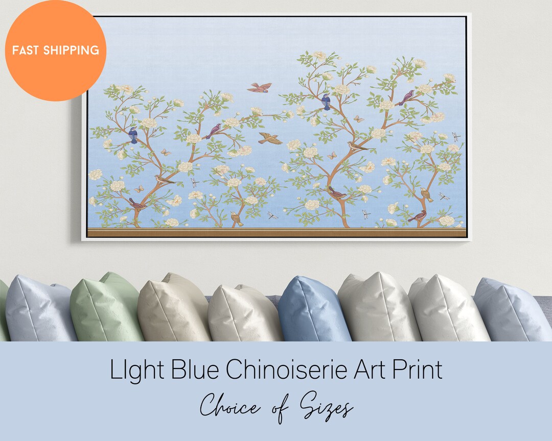 Light Blue Chinoiserie Wall Art Print, Floral Artwork, Grandmillenial
