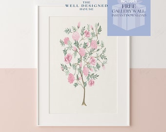 Girls Nursery Art Print, Watercolor Painting, Pink Floral Blossoms on Cream, Chinoiserie Wall Art Print