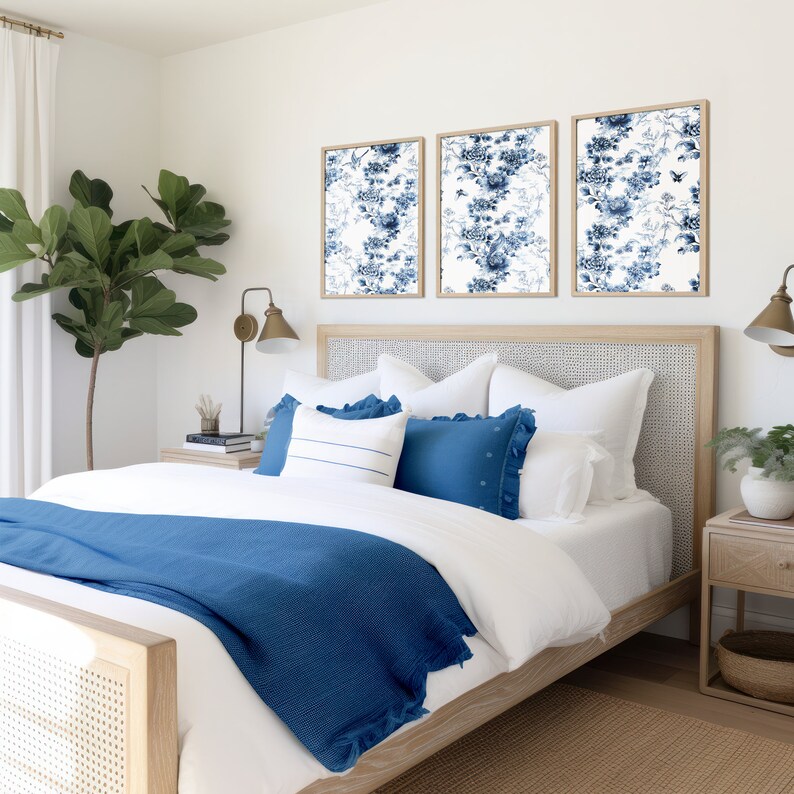 Blue Chinoiserie Wall Art, Set of 3 Panels, Triptych Watercolor