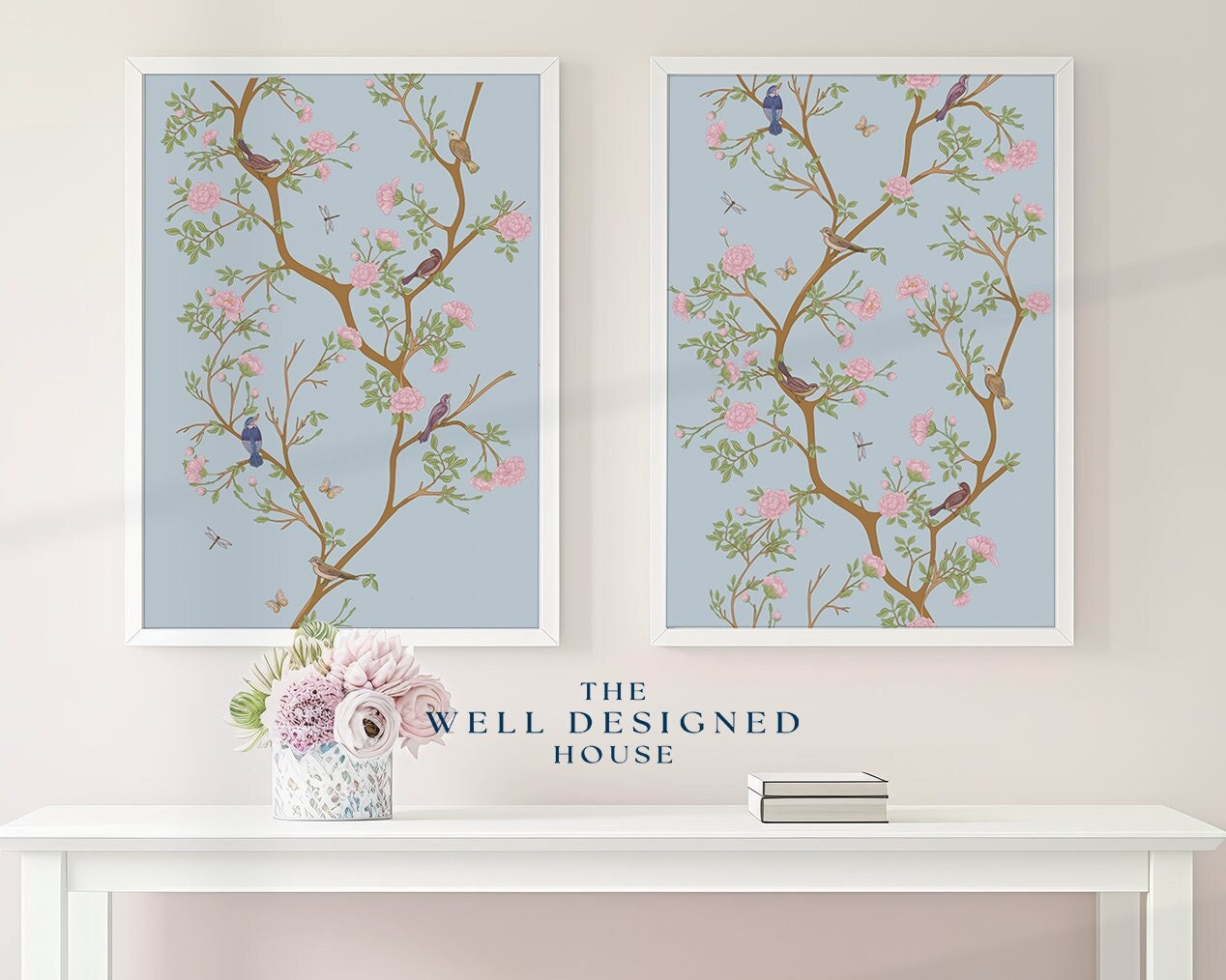 Chinoiserie Wall Art in Blue and Blush Set of 2 Grandmillenial Prints ...