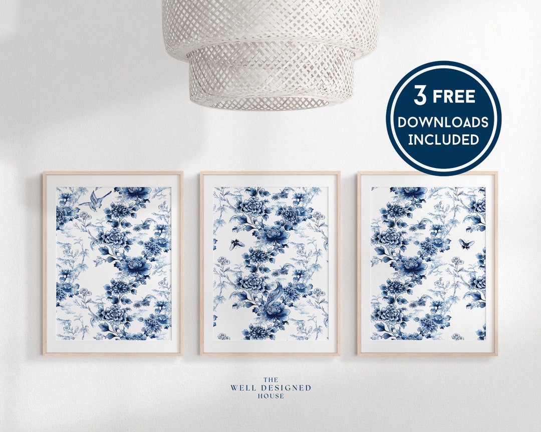 Blue Chinoiserie Wall Art, Set of 3 Panels, Triptych Watercolor