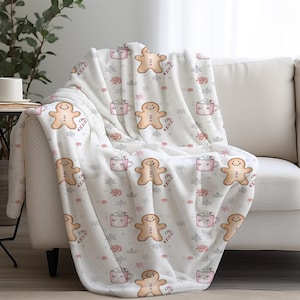 Gingerbread Man Watercolor Christmas Blanket Velvet Throw Pink Holiday Home Decor Hot Cocoa Christmas Gift for Family Friends