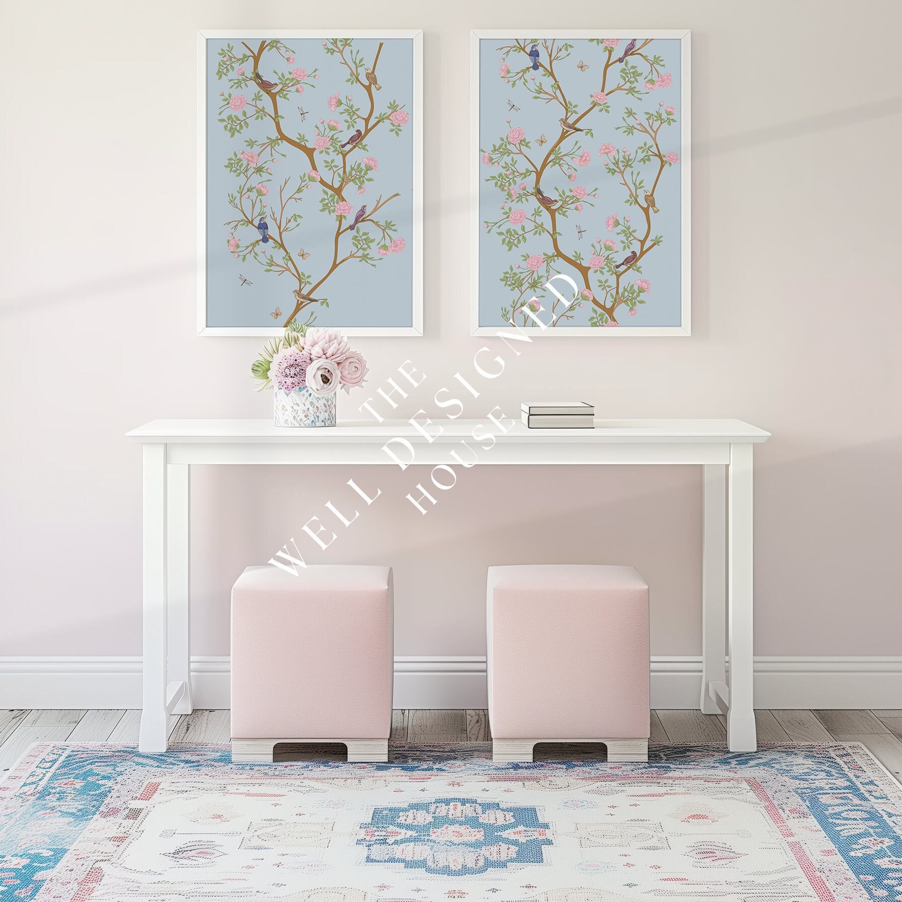 Chinoiserie Wall Art in Blue and Blush Set of 2 Grandmillenial Prints ...