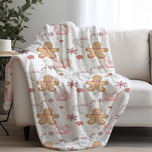 Gingerbread Man Watercolor Christmas Blanket Throw Pink Holiday Home Decor Hot Cocoa Christmas Gift for Family Friends