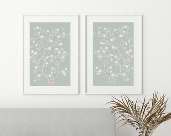 Chinoiserie Wall Art Prints, Set of Two Sage Green Pattern Art Work, Large Diptych Panels, Grandmillenial Wall Decor, GORGEOUS!!