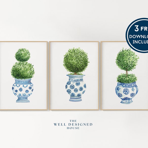 Boxwood Topiary | Gallery Wall | Grandmillenial Watercolor Painting | Set of 3 Digital Prints | Printable Wall Art | Downloadable Fine Art