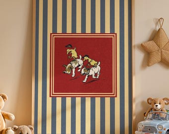Vintage Goose Riding Dog – Whimsical Nursery Print – Funny Animal Wall Art for Kids Room – Blue Striped Baby Decor – Silly Duck Goose Poster