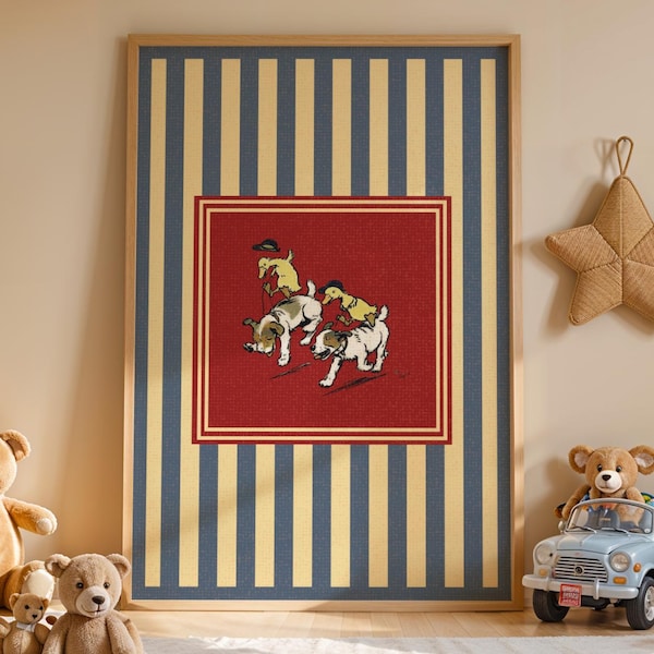 Perro montando ganso vintage – Lámina infantil caprichosa – Arte mural divertido de animales para habitación infantil – Decoración de bebé con rayas azules – Póster divertido de pato y ganso