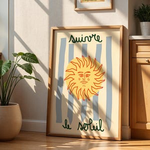 Suivre Le Soleil, Impresión bohemia de verano, Póster estético de sol, Póster de verano francés, Arte digital imprimible de sol y mar, Impresión costera retro