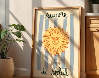 Suivre Le Soleil, Boho Summer Print, Aesthetic Sun Poster, French Summer Poster, Sun and Sea Digital Art Printable, Retro Coastal Print