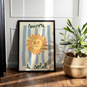 Suivre Le Soleil, Impresión de verano boho, Cartel de sol estético, Cartel de verano francés, Arte digital de sol y mar imprimible, Impresión costera retro