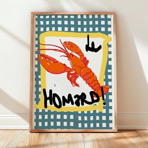 Póster de Le Homard, póster de Red Lobster, impresión artística costera de moda, impresión de mariscos del océano, arte digital de langosta francesa, imprimible cottagecore