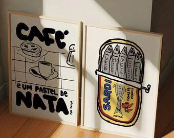 Set of 2 Prints Pastel de Nata Print, Sardines Print, Sardine Tin Poster, Portugal Custard Tart Pastry Portuguese Cuisine, Coffee Poster