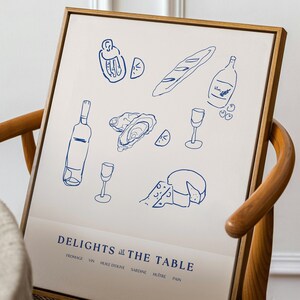 Hand Drawn Food & Drink Print , Wine Cheese Oyster Kitchen decor , Modern Menu Art , Modern Dining Room Foodie Drawing